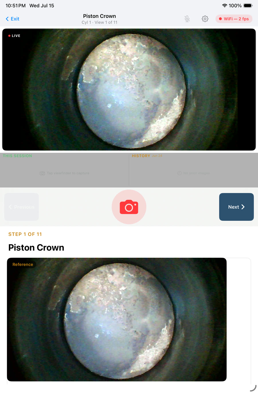 Jug Scope guided capture view showing live borescope feed alongside reference image