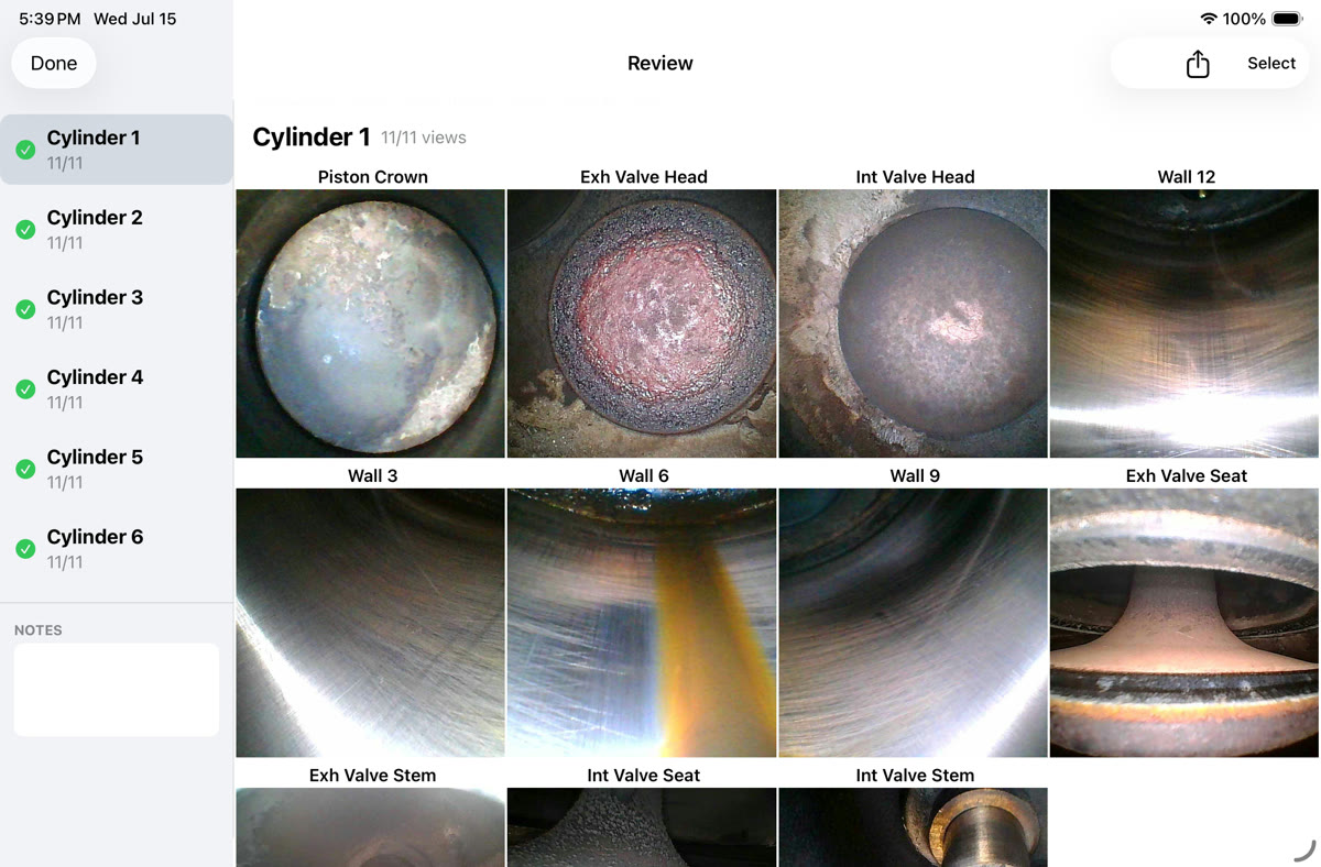 Review screen showing all captures organized by cylinder and view