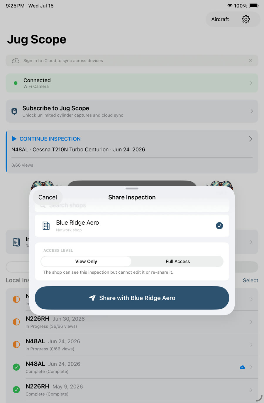 Share Inspection sheet with view-only or full-access options, ready to send to a shop or Savvy Aviation